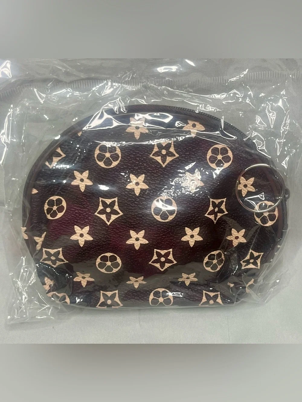 Designer-Inspired Brown Floral Monogram Coin Pouch with Keyring